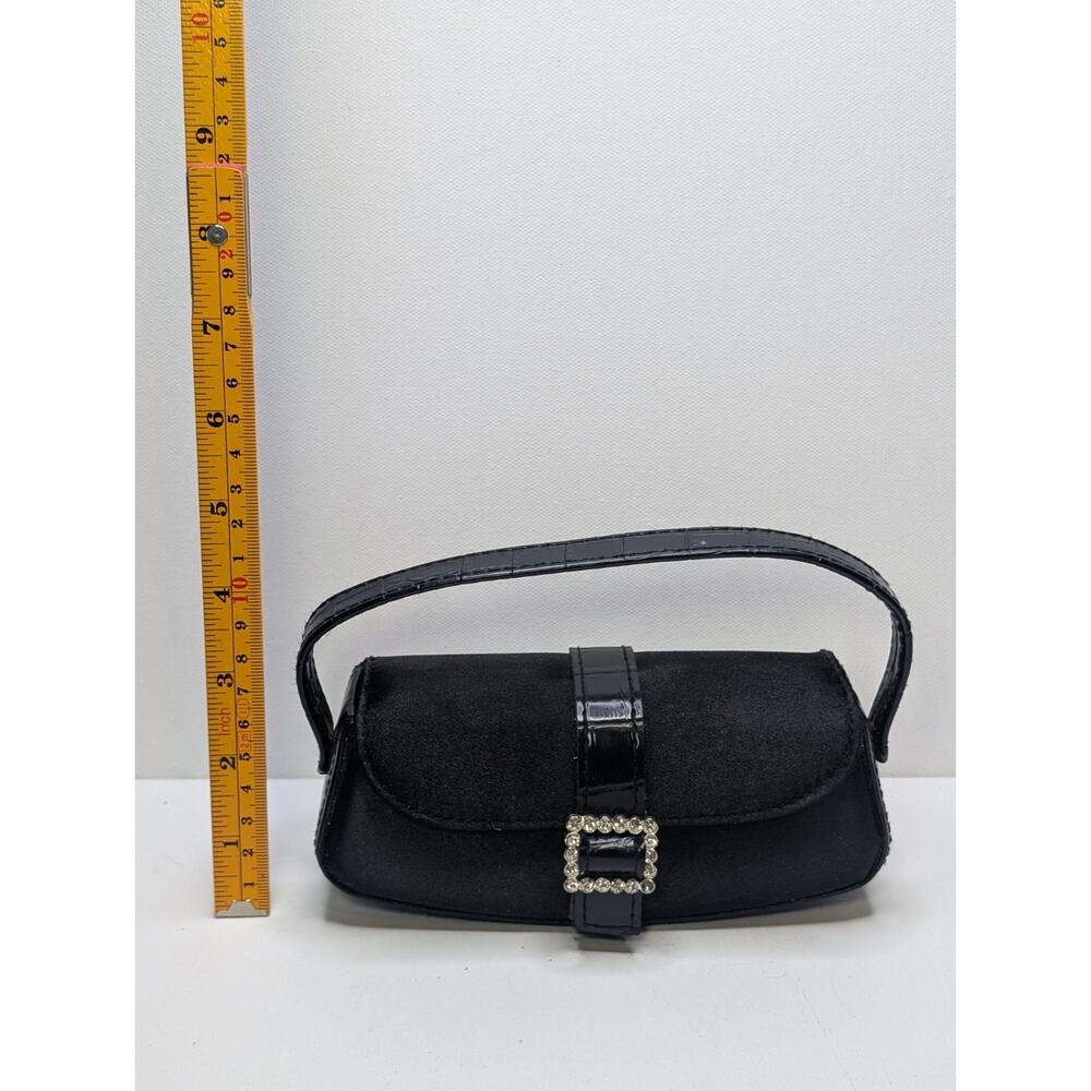 Y2K Black Satin Mini Baguette Handbag Rhinestone Buckle Shoulder Purse